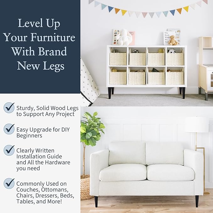 Airy Abode Premium Black Wood Furniture Legs (Full Install Kit) - Pick Your Size and Color