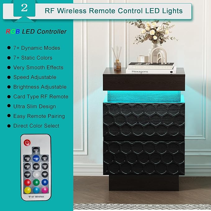 Led Nightstand with Charging Station, Hexagonal Fluted Night Stand with Sliding Top, Wooden Bedside Table with 3 Drawers, Modern Bed Side End Table for Bedroom, Living Room, Black