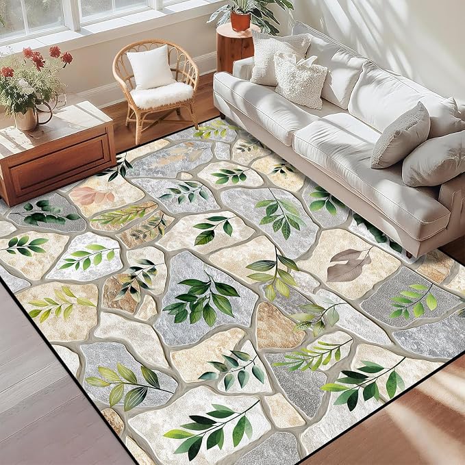 2'x3' Optical Illusion Rug 3D Stone Floor Mat Green Leaf Botanical Area Rug Rustic Nature Washable Carpet for Entryway Bedroom Living Room Kitchen Home Decor