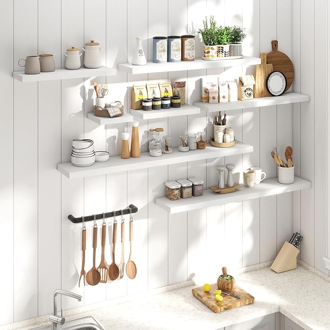 55 Inch Floating Shelves for Wall Set of 2, 8"D Wood Grain Bathroom Shelves with Invisible Brackets, Easy Install Engineered Wood Storage Shelves for Kitchen, Living Room, Bedroom, White Finish