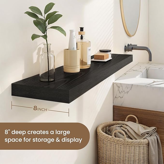 Dreamland 55 Inches Floating Shelves for Wall, 8" Deep Long Floating Shelves Set of 1, Large Display & Storage Shelf, Wall Shelf for Bathroom Bedroom Living Room Kitchen Office, Black