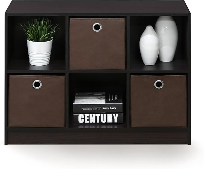 Furinno BASIC Book Shelf, 6-Cube Bookshelf with Open Shelf, 3 x 2 Bookcase with Storage Bins, Closed Back, Horizontal, 11.9 x 31.6 x 23.6, for Living Room, Bedroom, Home Office, Dark Walnut