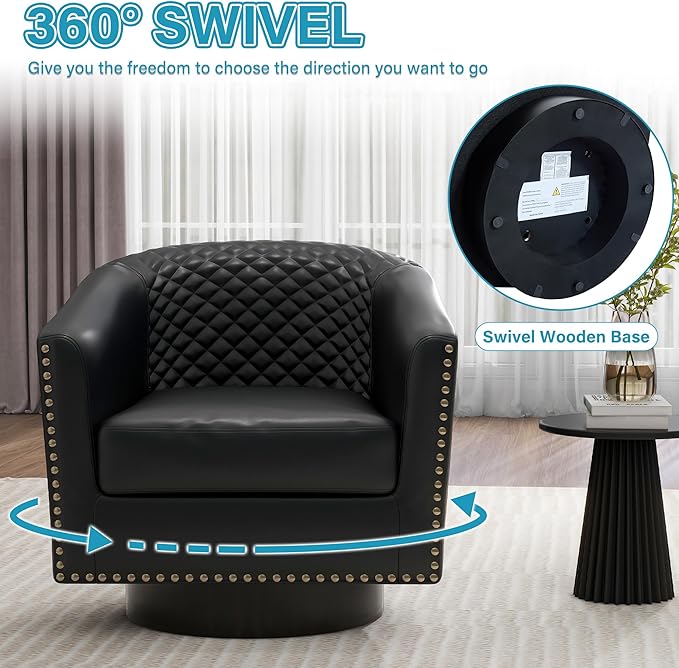 UIXE Swivel Accent Chairs, PU Leather Barrel Club Chair for Living Room, Upholstered Armchair Comfy Single Sofa Bedroom Reading Seat - Black, Set of 2