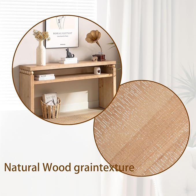 Wood Console Table, 59" Retro Narrow Long Sofa Table Behind Couch with with Open Shelf and Engineered Wood Finish for Hallway Entryway Living Room Entrance, Natural