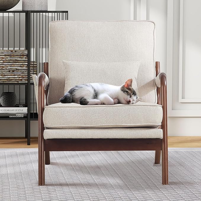 ANJ Mid Century Modern Accent Chair Set of 2, Lounge Reading Armchair with Extra Side Pocket & Detachable Cushion, Comfy Fabric Accent Chairs for Living Room, Bedroom,Beige