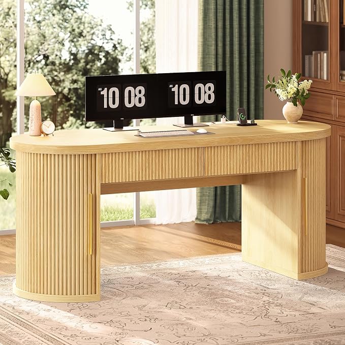 SEDETA Office Desk with 2 Drawers, 58.3" x 21.7" Fluted Computer Desk with 2 Sliding Doors Storage and Power Strip, Wood Executive Desk for Home Office, Light Oak