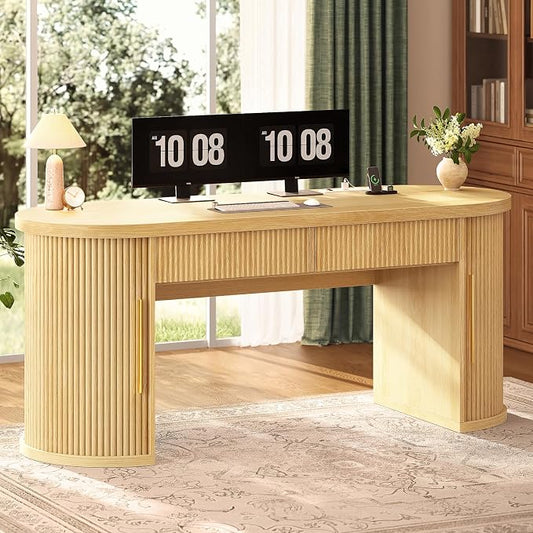 SEDETA Office Desk with 2 Drawers, 58.3" x 21.7" Fluted Computer Desk with 2 Sliding Doors Storage and Power Strip, Wood Executive Desk for Home Office, Light Oak