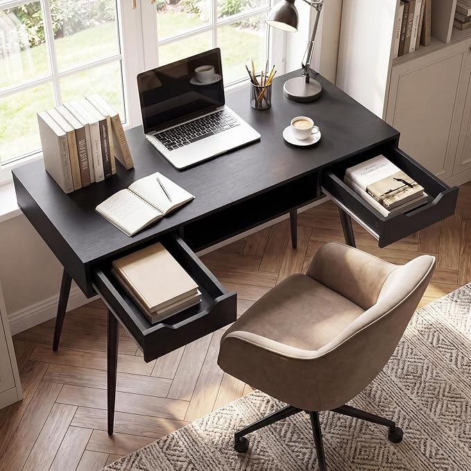 Tangkula Mid Century Modern Computer Desk, Writing Desk with 2 Drawers & Open Center Storage, Small Wooden Study Table for Home Office & Compact Spaces (Black)