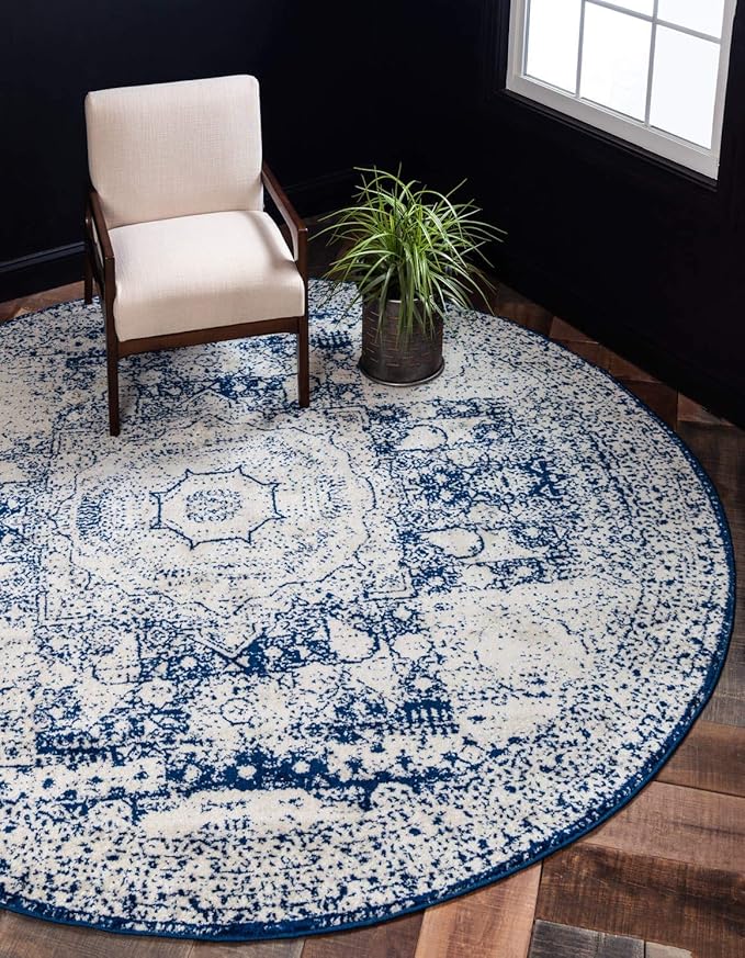 Unique Loom Bromley Collection Area Rug - Wells (3' 1" Round, Ivory and Blue/ Ivory)