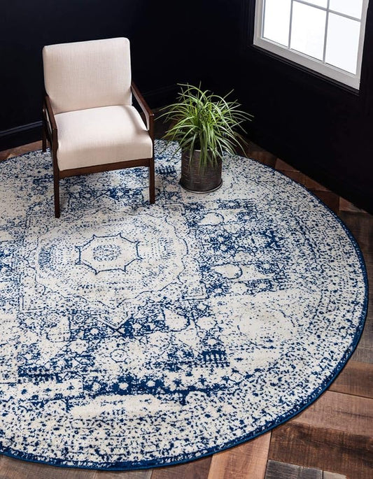Unique Loom Bromley Collection Area Rug - Wells (3' 1" Round, Ivory and Blue/ Ivory)