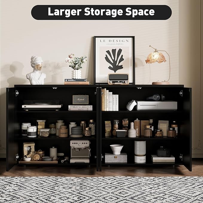 Rophefx Fluted Sideboard Cabinet, 63" Buffet Cabinet with Storage, Credenza Storage Cabinets with Adjustable Shelf, Wood Entryway Cabinets with Pop-up Doors for Living Room, Entryway, Hallway, Black