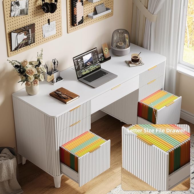 55.1" Fluted Executive Desk with Drawers, White Desk with Storage Cabinet, Home Office Desk with Charging Station, Farmhouse Desk with File Cabinet for Office Home