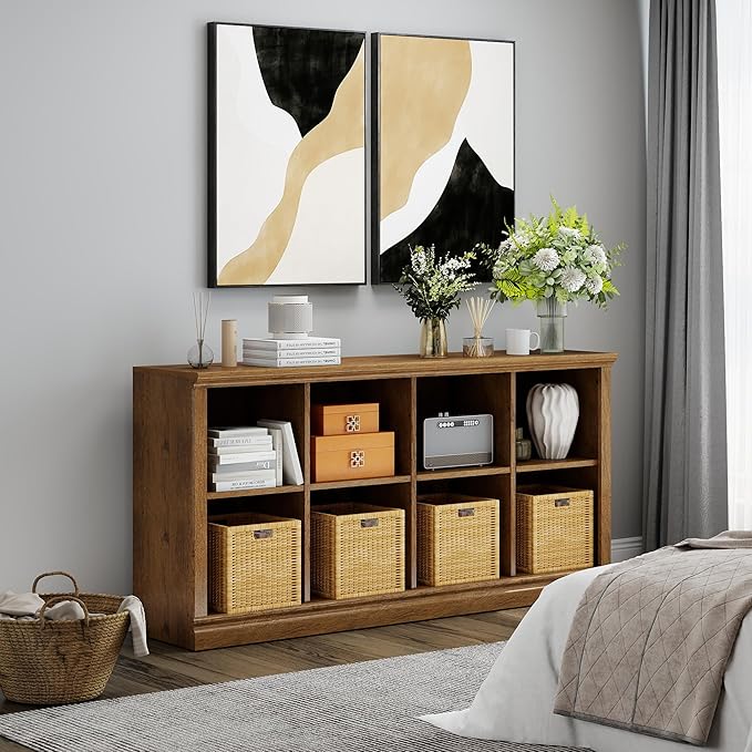 Bevfint 8 Cube Storage Organizer Bookcase - 2 Tiers 8 Storage Cube Adjustable Space Book Case, Display Cabinet Organizer, 54.7 inch Width Horizontal Bookshelf for Home Library Office, Vintage Oak
