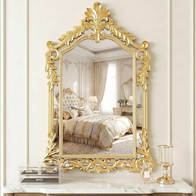 Large Gold Mirror for Wall Decor 30"x47" Vanity Antique Baroque Ornate Wall Mirrors Victorian Arched Mirror for Bathroom, Living Room, Entryway, Fireplace, Bedroom