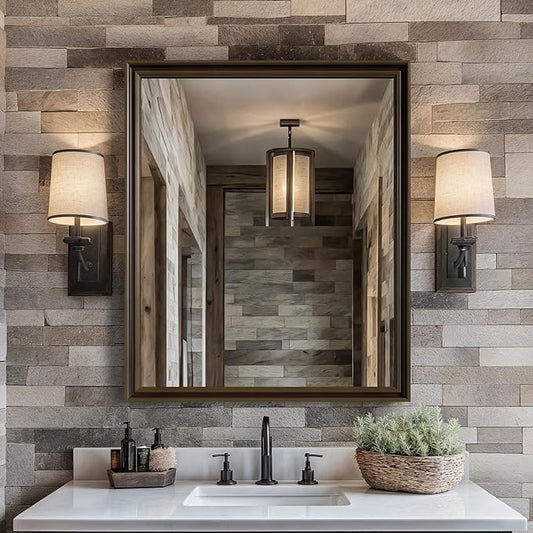 Retro Copper Effect Framed Wall Mirror, 30x36 Rectangle Mirror, Anti-desilvering Tempered Glass, Sustainable&Sturdy Frame, Anti-Rust, HD Reflection &3min Fast Setup for Bathroom Living Room