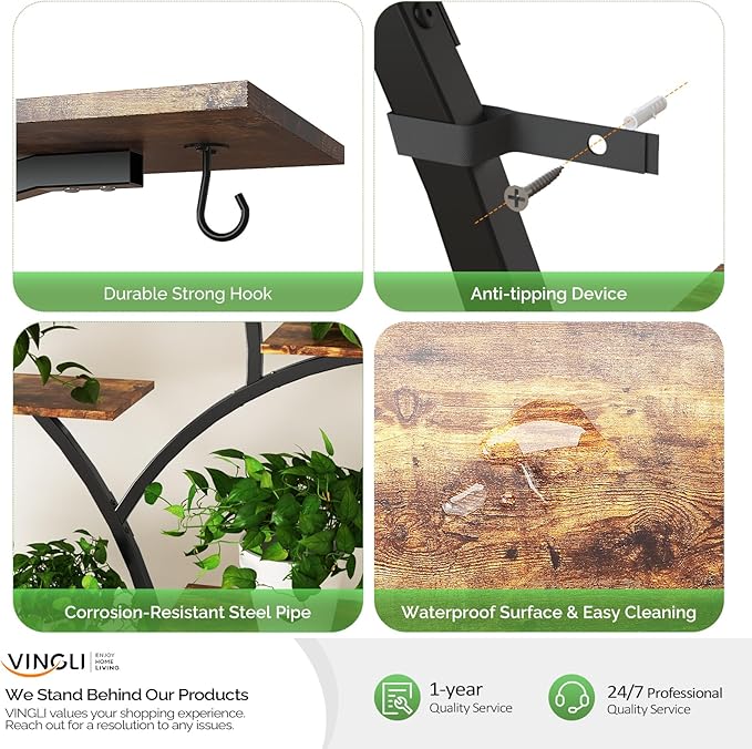 VINGLI Plant Stand Indoor with Grow Light, 61 Inch Tall Lighted Plant Shelf Indoor with 5 LED Light Strips, 10-Tiered Plant Stand for Indoor Growing, Tree-Shaped Large Metal Flower Shelves, Modern Decorative Plant Rack for Living Room, Balcony, Black