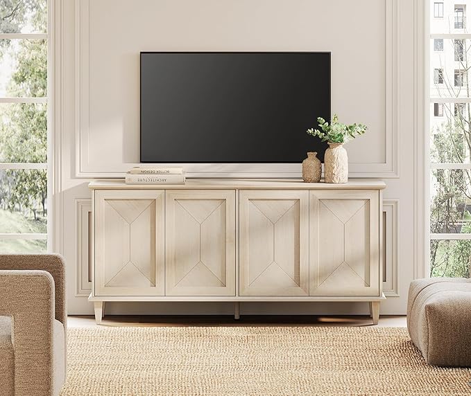 WAMPAT 65-inch Handcrafted Patchwork Decorative Buffet Cabinet with Pop-Up Design Doors,Full Unit Modern Farmhouse Accent Credenza for Coffee Bar, Kitchen, and Living Room, Light Oak
