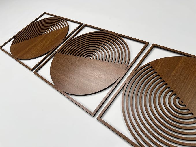 Round Boho Wall Art Wood Decor, Set of 3 Mid Century Modern Wood Wall Decoration, Aesthetic Wall Decor, Large Living Room Wooden Wall Art