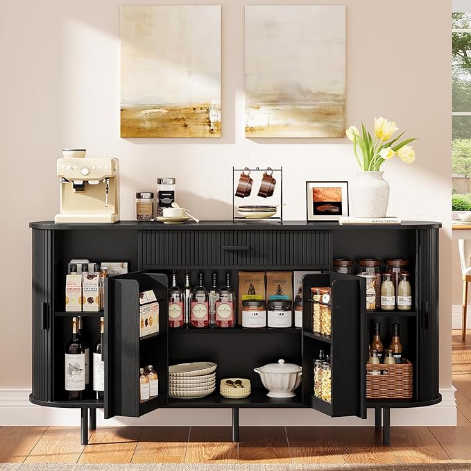 ONBRILL 63“ Sideboard Buffet Cabinet with Storage, Sideboard with 1 Drawer & 2 Door Shelves, Mid-Century Modern Kitchen Cabinets with Sliding Door, Coffee Bar Cabinet for Kitchen, Living Room, Black