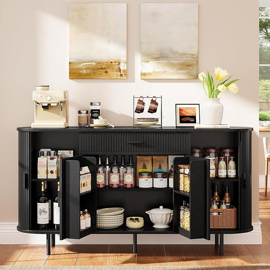 ONBRILL 63“ Sideboard Buffet Cabinet with Storage, Sideboard with 1 Drawer & 2 Door Shelves, Mid-Century Modern Kitchen Cabinets with Sliding Door, Coffee Bar Cabinet for Kitchen, Living Room, Black