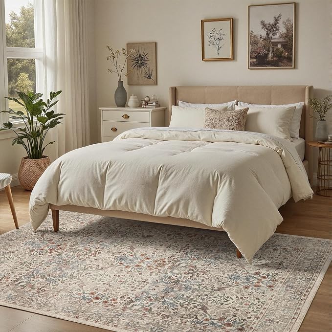 DCX Beige 6x9 Area Rug, Machine Washable Non Slip Stain Resistant Soft Vintage Floral Rug, for Living Room, Bedroom, Dining Room, Soft Low Pile Large Carpet