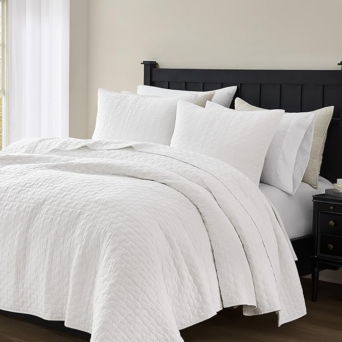 palassio White 100% Cotton Quilt Twin Size Bedding Sets with 1 Pillow Sham, Textured Lightweight Soft Bedspread Shabby Chic Coverlet, Quilted Thin Comforter Bed Cover for All Season, 2 Pieces