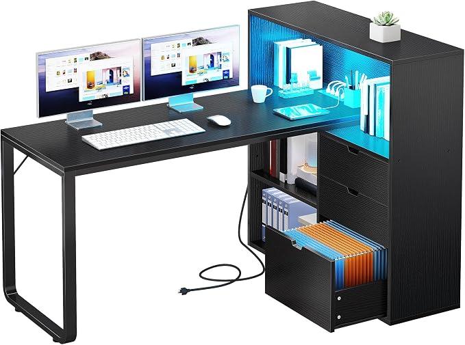 YITAHOME L Shaped Desk with Power Outlets & LED Lights & File Cabinet, 55" Corner Computer Desk with 3 Drawers & 3 Storage Shelves, Home Office Desk with Bookshelf, Black