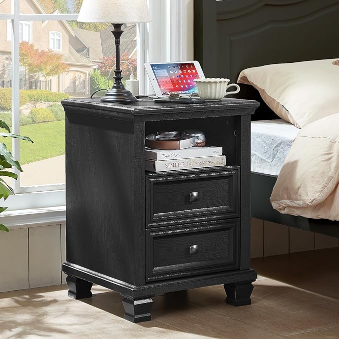 Farmhouse Nightstand Set of 2 with Charging Station, Rustic Black Nightstand with Drawers, Bedside Table with Open Shelf for Bedroom, Black