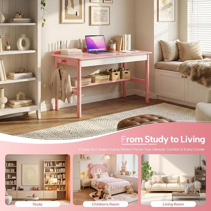 Solid Wood Study Desk & Home Office Writing Table with Drawers, 31" Vintage Mid Century Modern Computer Desk, Home Office Workstation for Bedroom, Small Spaces, Apartment(Pink,31.5 Inch Wide)