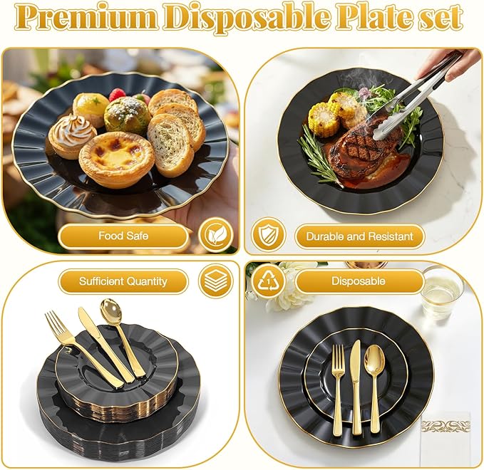175 Plastic Dinnerware Set,Disposable Dinnerware Set for 25 Guests Include 50 Plastic Plates,25 Silverware Set,25 Cups and 25 Napkins for Thanksgiving Christmas,Party,Wedding（Black and Gold）