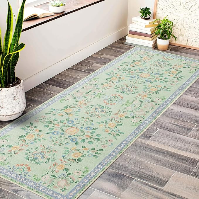 MUJOO Washable Runner Rug for Kitchen Hallways,2x6 Runner Rug Non Slip,Floral Carpet Runner for Bathroom Bedroom Laundry Floor,Long Mat Boho Indoor Vintage Low Pile Green
