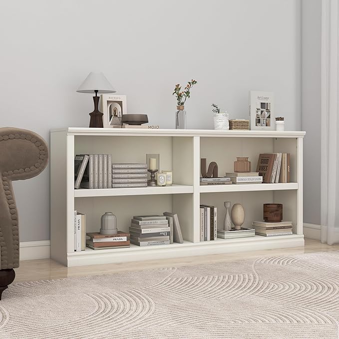 Bevfint Double Wide Open Shelf Bookcase - 2 Tiers 4 Storage Cube Adjustable Space Book Case, Display Cabinet Organizer with Bookshelf, 64.8 inch Width Indoor Furniture for Home Library Office, White