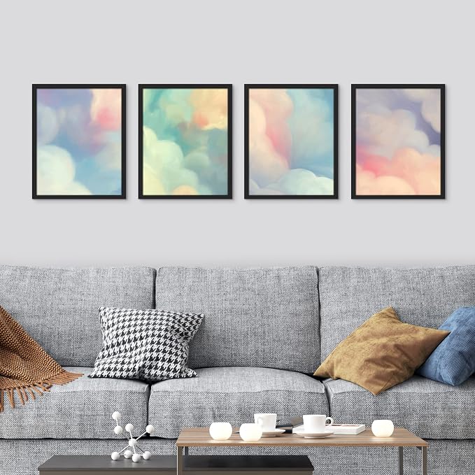 SIGNWIN Framed White Pastel Watercolor Rainbow Sky Clouds Wall Art, Set of 4 Abstract Geometric Wall Decor Prints, Nature Wilderness Wall D¨¦cor for Living Room, Bedroom - 12"x16" Black