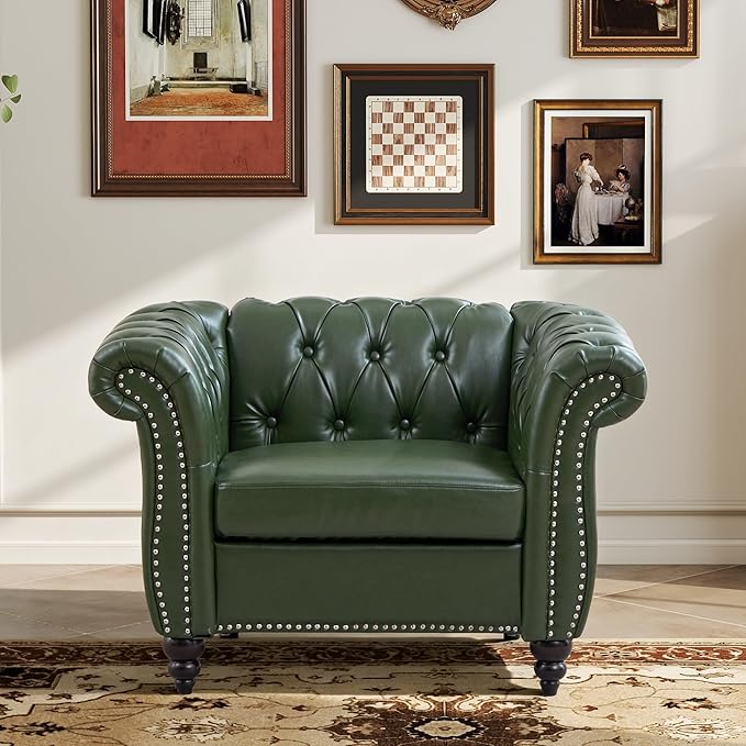 LEVNARY Chesterfield Armchair, Tufted Leather Accent Chair, Mid-Century Modern Single Chair with Rolled Arms and Nailhead Trim, PU Leather Reading Chair for Living Room (Green)