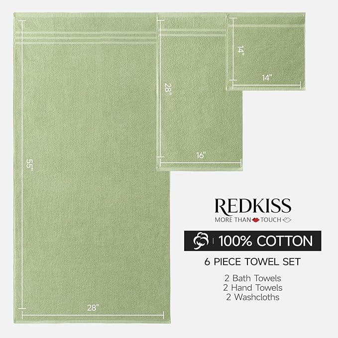 REDKISS Sage Towels Set 6 Piece Cotton Towel Sets with 2 Bath Towels, 2 Hand, 2 Washcloths, 650GSM Hotel Quality, Soft, Highly Absorbent Towels for Bathroom Gym, Ideal Everyday Use