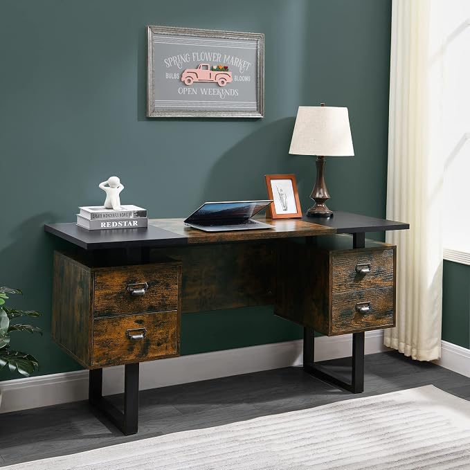 Computer Desk for Home Office with 4 Large Drawers, Rustic Wood Writing Study Table Metal Frame, 59” x 21.7” 29.5”, Color Block Desktop,Easy Assembly, Vintage and Black CTSZ20401CM