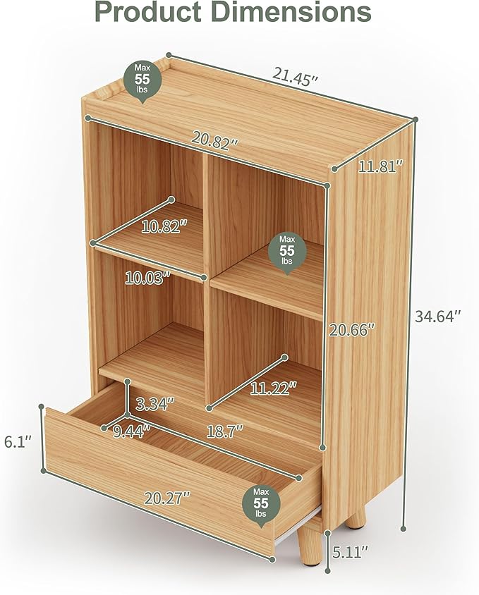 YOSHOOT 4 Cube Bookshelf with 1 Drawer - 21.7" Wood Cube Bookcase with Legs, Open Cubby Bookshelves for Bedroom, Living Room,Home Office, Nature