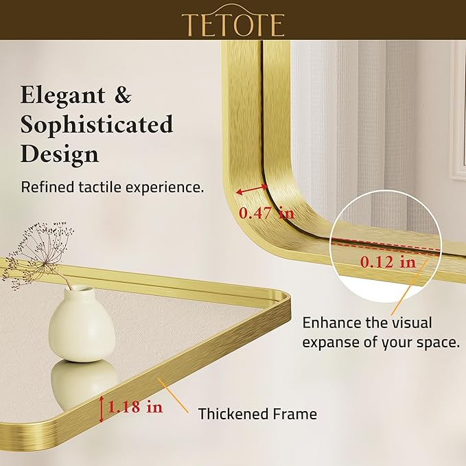 TETOTE 60 x 36 Inch Mirrors for Bathroom, Brushed Brass Gold Vanity Mirror, Large Rectangular Metal Frame Modern Wall Mirror for Living Room Shatterproof (Horizontal/Vertical)