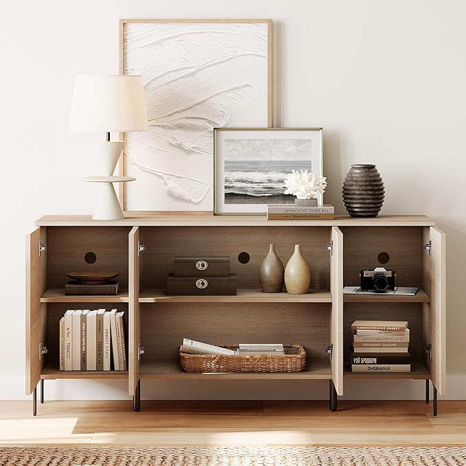 WAMPAT 61.5" Large Sideboard Cabinet with Storages,Fluted Buffet Cabinet with Storage,Modern Buffet Table Coffee Bar Wine Bar Storage Organizer with 4 Doors for Kitchen, Dining Room, Hallway, Beige