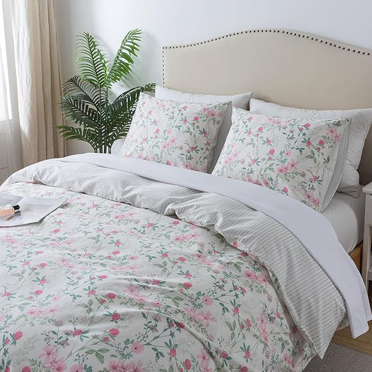 HoneiLife Duvet Dover Queen Size - 100% Cotton Comforter Cover, Breathable Bedlinen for Set for Queen Beds, 3-PC Wildflower Comforter Cover Sets, Fuchsia‌