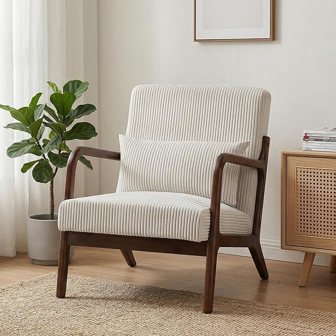 Mid Century Modern Accent Chair, Upholstered Corduroy Armchair with Lumbar Pillow, Solid Rubberwood Frame for Living Room, Bedroom, Waiting Room, White