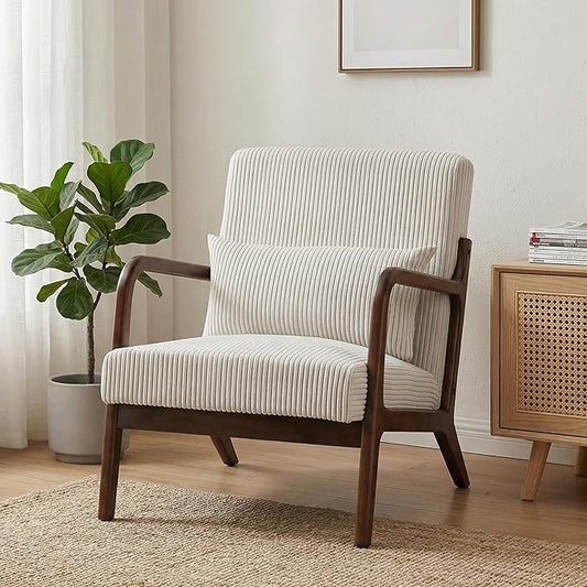 Mid Century Modern Accent Chair, Upholstered Corduroy Armchair with Lumbar Pillow, Solid Rubberwood Frame for Living Room, Bedroom, Waiting Room, White