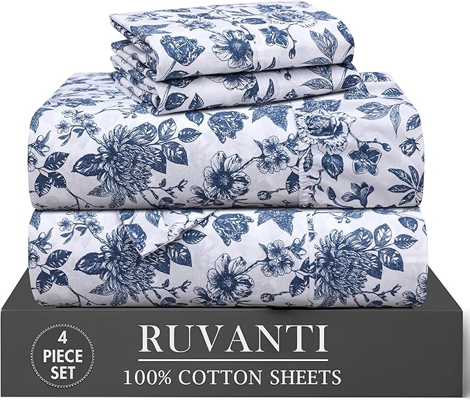 RUVANTI 4 Pcs Cotton Sheets - 100% Natural Cotton Soft, Lightweight & Breathable Crispy Percale Bed Sheets, Twin XL Sheet Sets 16" Deep Pockets, Wild Flower
