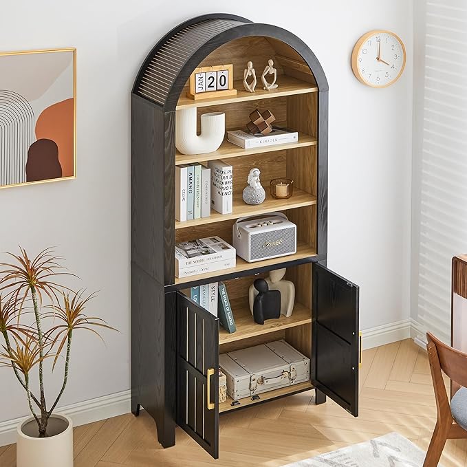 71" Tall Arched Bookcase, Arch Bookshelf with Doors , Modern Book Shelf Storage Cabinet with Adjustable Shelves, Wood Bookshelf w/Open Display for Living Room, Office Decor (Black/Natural, 2PC)