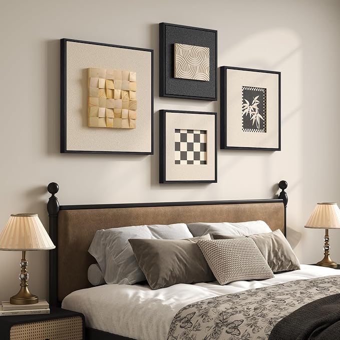 Large Framed 3D Wood Wall Art for Living Room, 4 Piece Modern Geometric Textured Paintings Artwork for Walls, Neutral Black and White Minimalist Wooden Home Wall Decor for Dining Room Hallway Bedroom