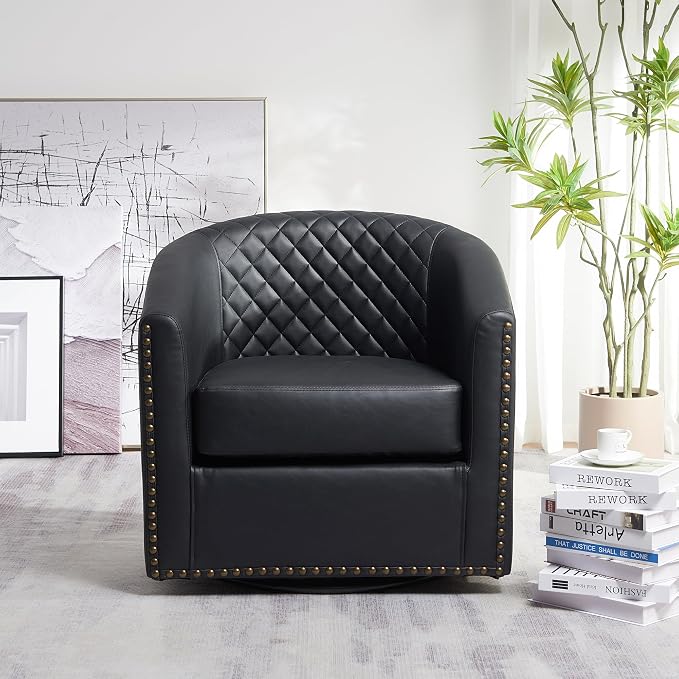 KINWELL 29" Wide Tufted Faux Leather Swivel Barrel Chair, PU Leather Modern Upholstered Accent Chairs with Nailhead Trim, Small Armchair for Living Room Bedroom, Black