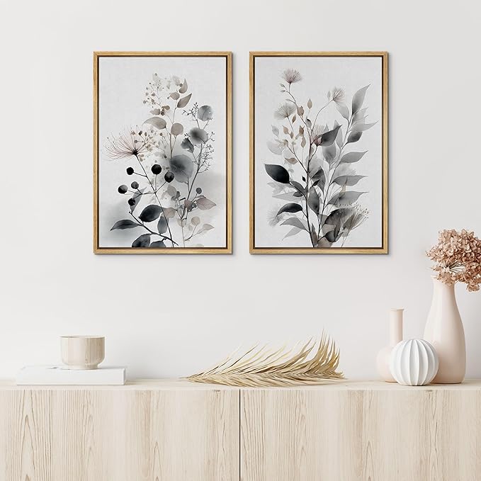 IDEA4WALL Framed Canvas Print Wall Art Set Neutral Botanical Watercolor Monochrome Leaves and Flowers Illustrations Modern Art Decorative Calm/Zen for Living Room, Bedroom, Office - 24"x36"x2 Natural