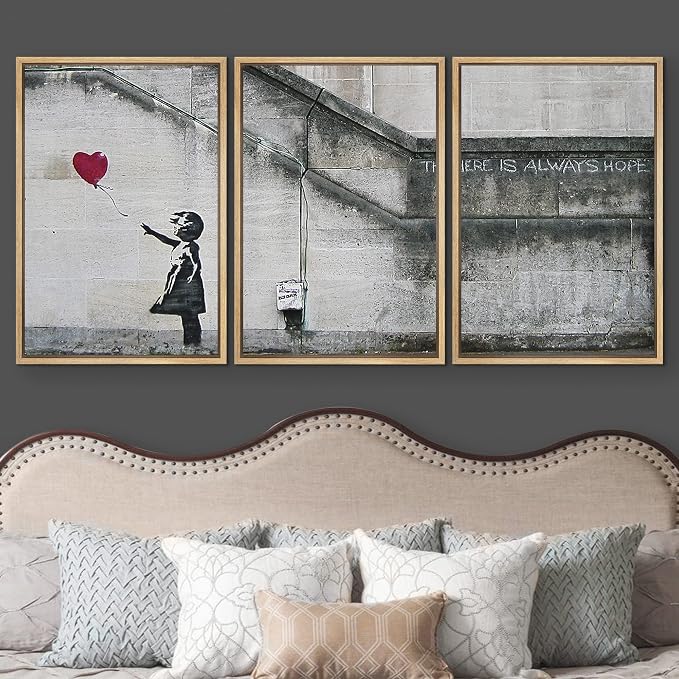 wall26 - 3 Piece Framed Canvas Wall Art - There is Always Hope - Girl and Red Heart Balloon - Street Art - Guerilla - Modern Home Art Stretched and Framed Ready to Hang - 16"x24"x3 Natural