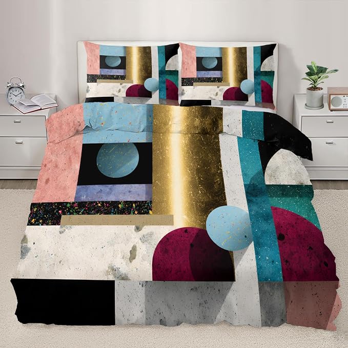 Multicolor Geometric Duvet Cover Twin Size, Mid Century Modern Bedding Set 3 Piece, Abstract Colorful Geometric Patterned Comforter Cover with Zipper Soft Microfiber, 2 Pillowcases