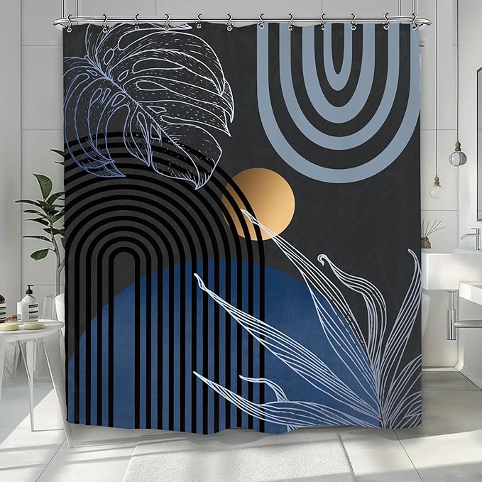 Yookeb Abstract Blue Mid Century Bathroom Shower Curtain 60W by 71H Inch Minimalist Aesthetic Modern Contemporary Plant Leaves Vintage Polyester Fabric 12 Plastic Hooks Waterproof Decor
